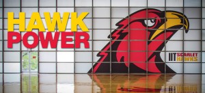 Window art of a giant Scarlet Hawk head in Keating Sports Center's basketball court is only one of many new improvements to the athletics facility.