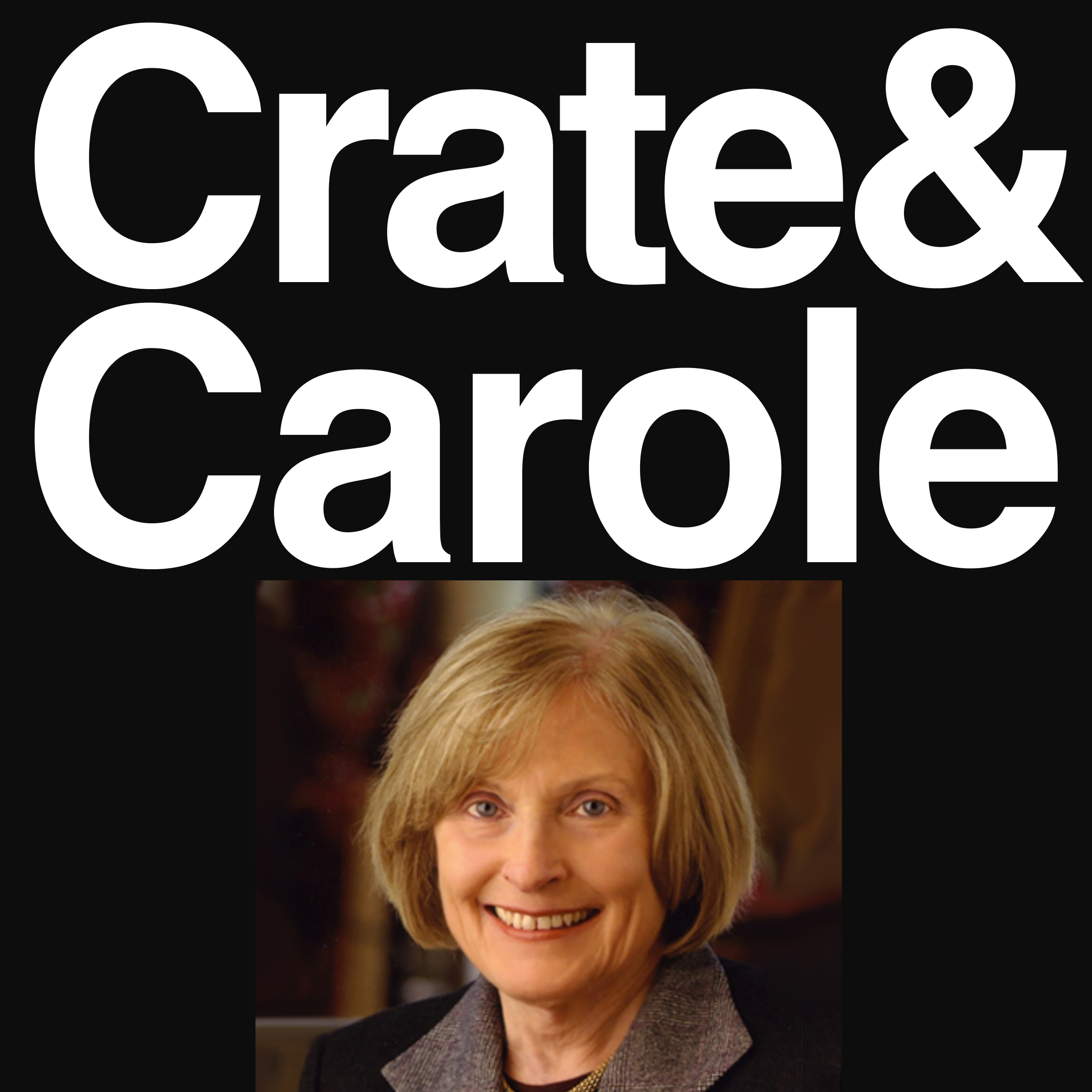 A woman smiles for a photo. Above her are the words "Crate & Carole."